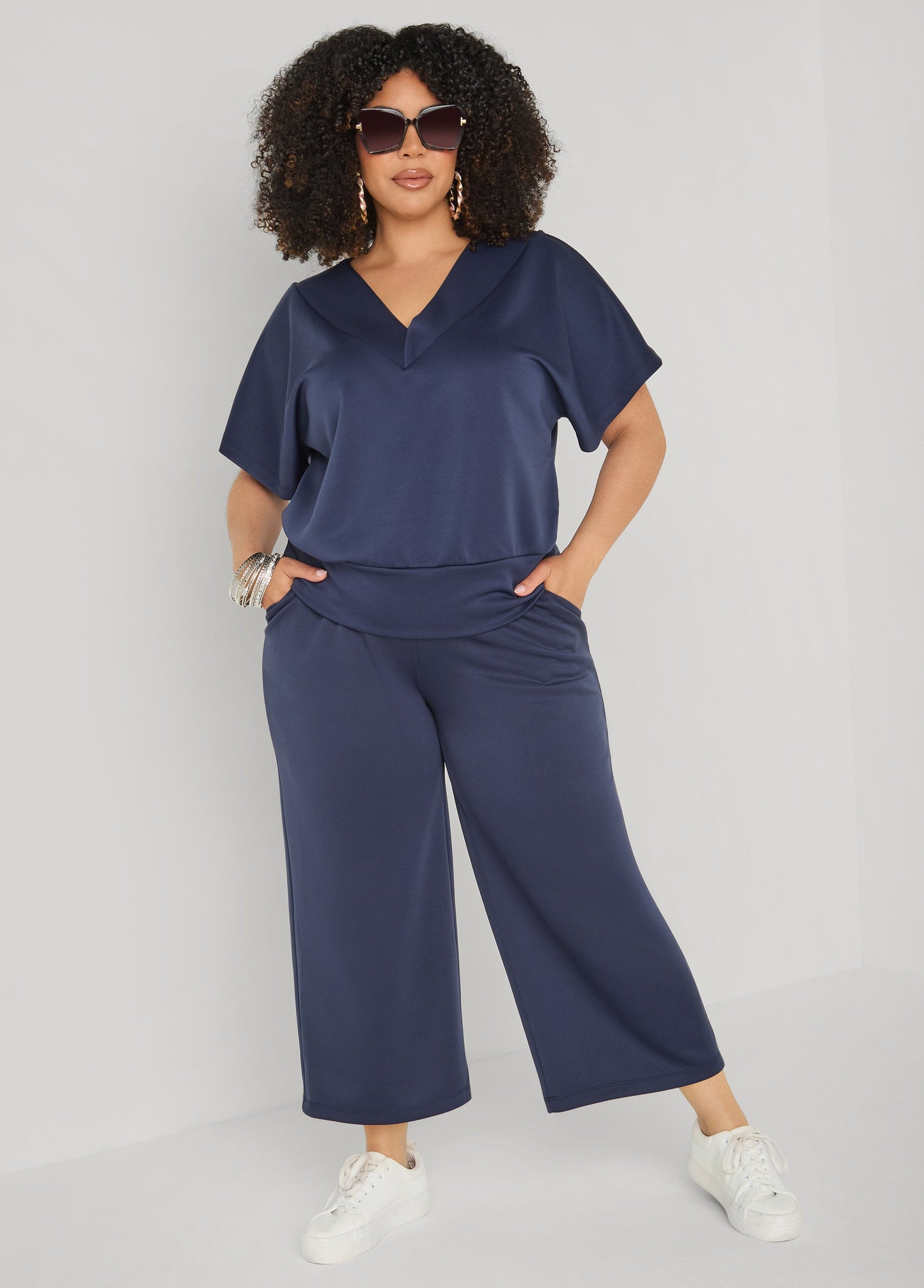 Ashley Stewart Cropped Athletic Knit Pants Navy