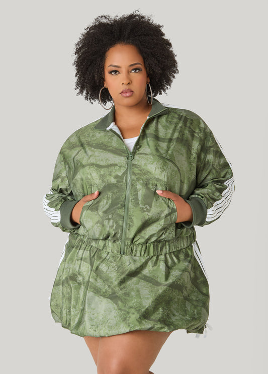 Ashley Stewart Camo Print Zip Front Jacket Olive