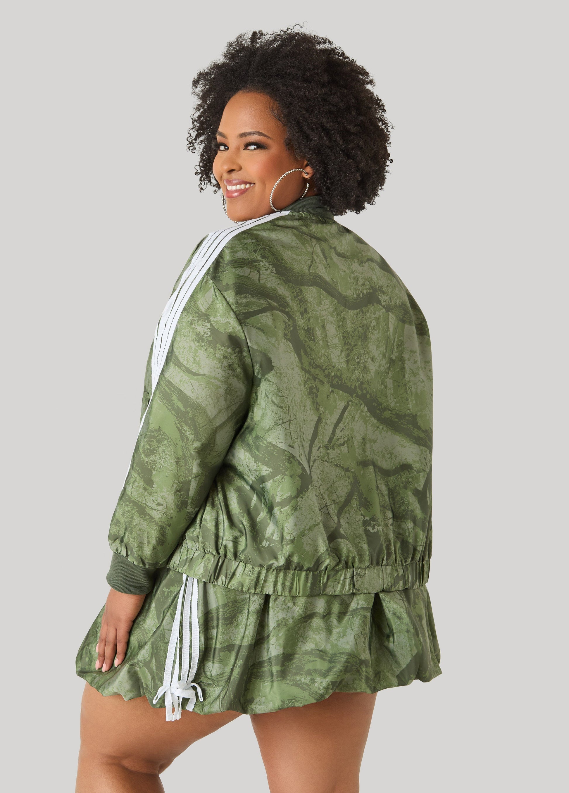 Ashley Stewart Camo Print Zip Front Jacket Olive