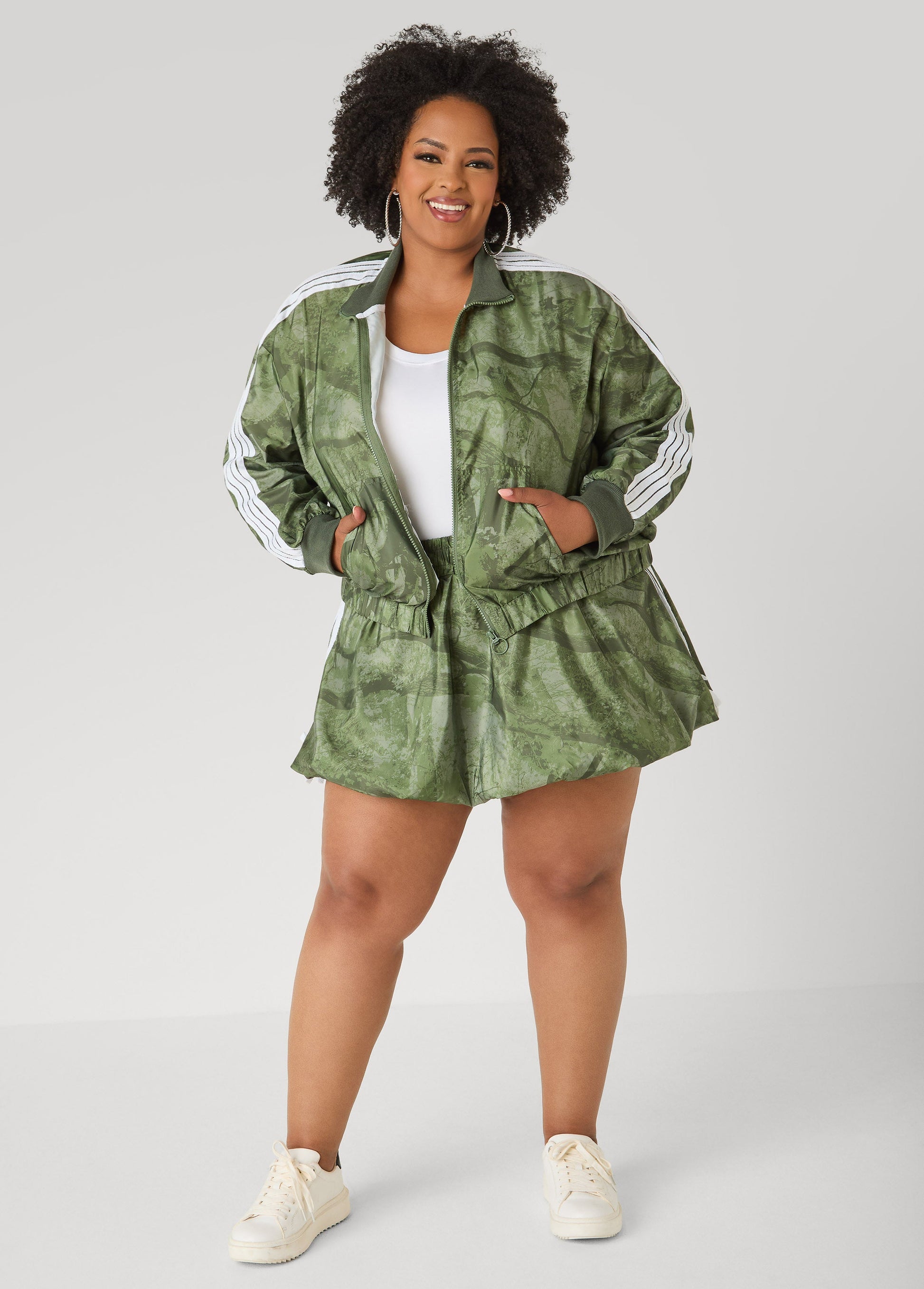 Ashley Stewart Camo Print Zip Front Jacket Olive