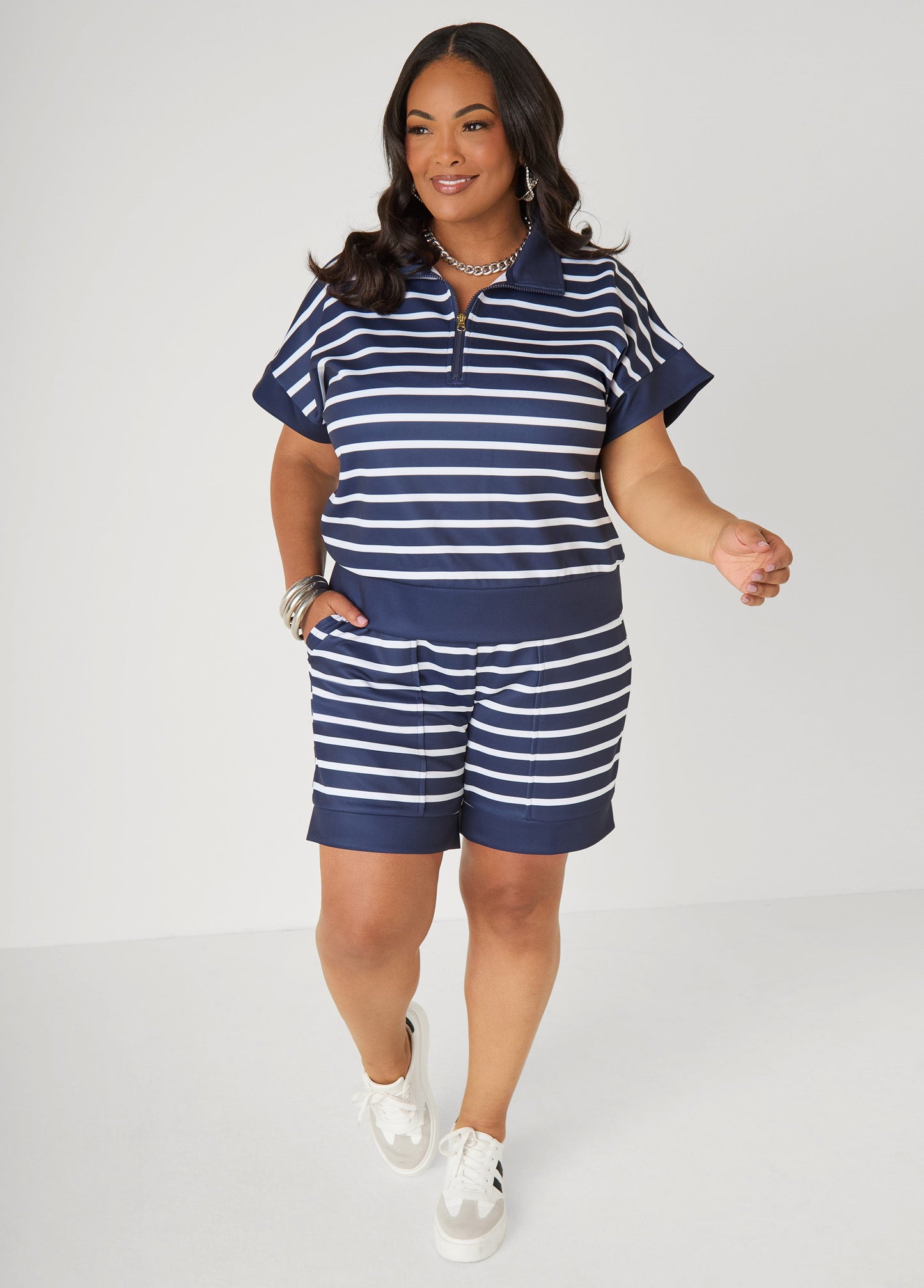 Ashley Stewart Athletic Knit Striped Pullover Peacoat