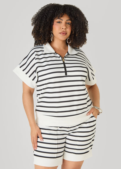 Ashley Stewart Striped Athletic Knit Pullover Egret