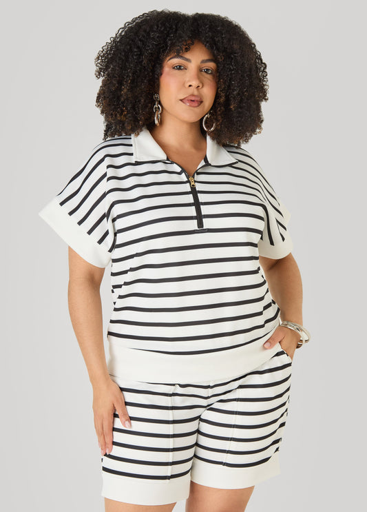 Ashley Stewart Striped Athletic Knit Pullover Egret