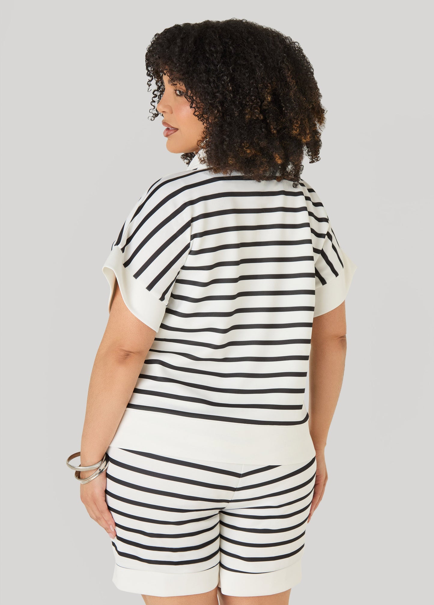 Ashley Stewart Striped Athletic Knit Pullover Egret