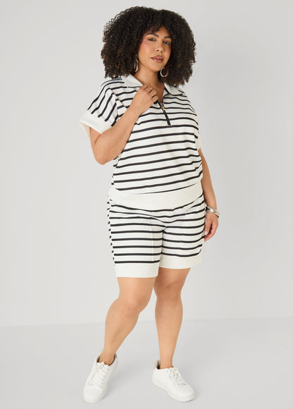 Ashley Stewart Striped Athletic Knit Pullover Egret