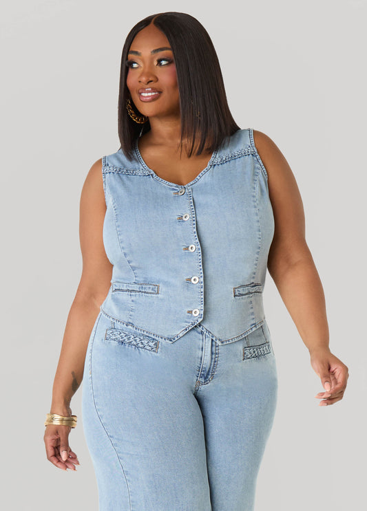 Ashley Stewart Braided Chambray Vest Denim