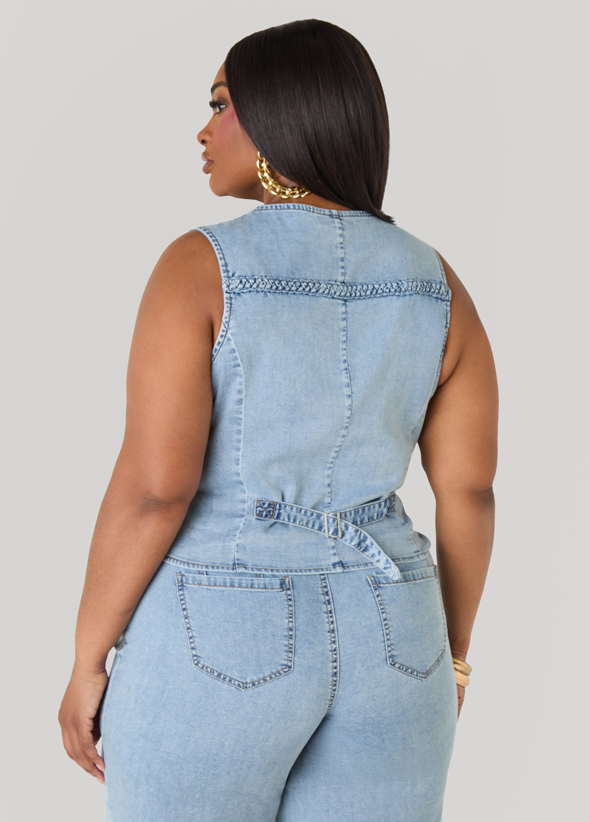 Ashley Stewart Braided Chambray Vest Denim