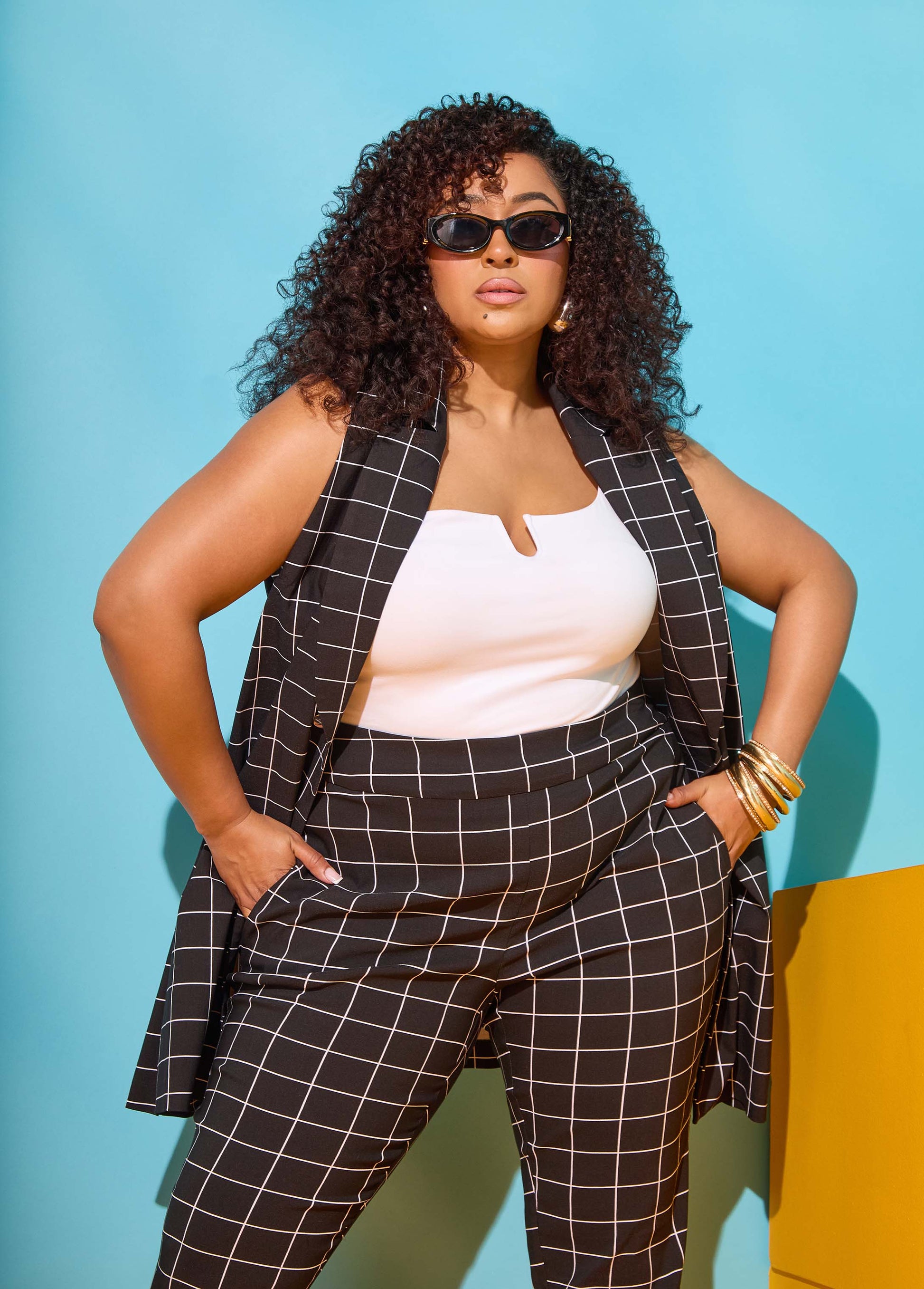 Ashley Stewart Millennium Checked Vest Black White