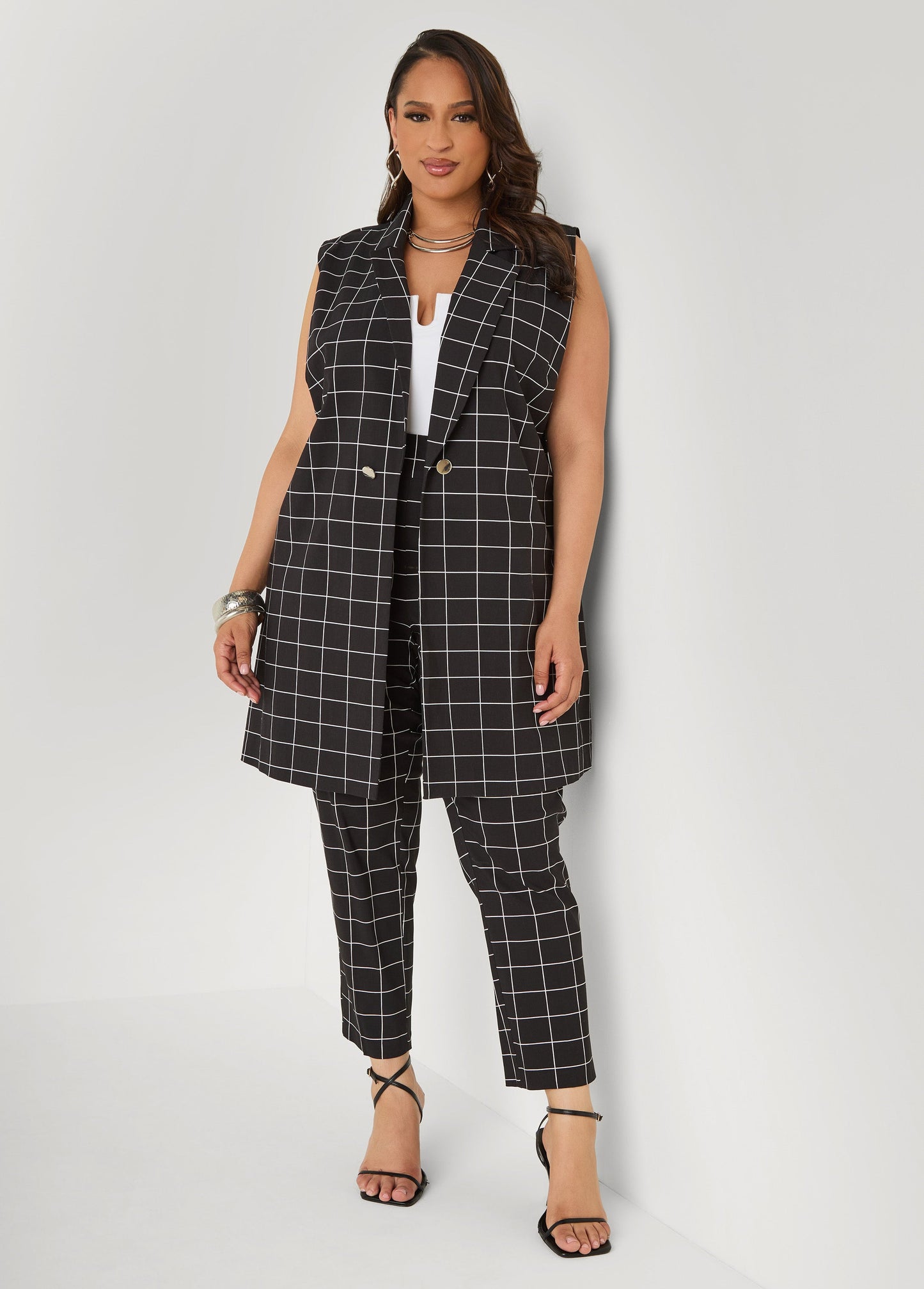 Ashley Stewart Millennium Checked Vest Black White