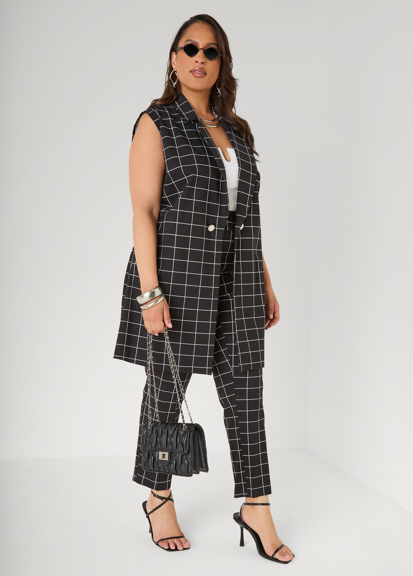 Ashley Stewart Millennium Checked Vest Black White
