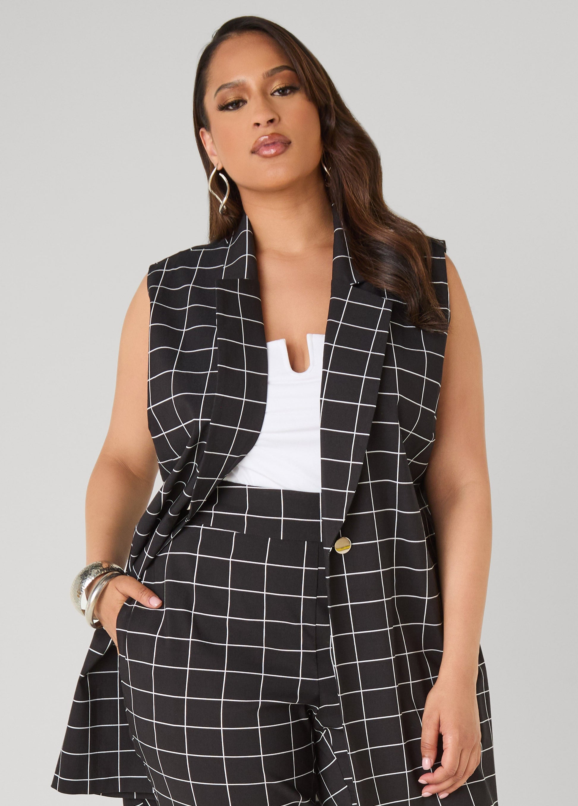 Ashley Stewart Millennium Checked Vest Black White