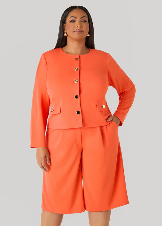 Ashley Stewart Button Detailed Crepe Jacket Nasturtium