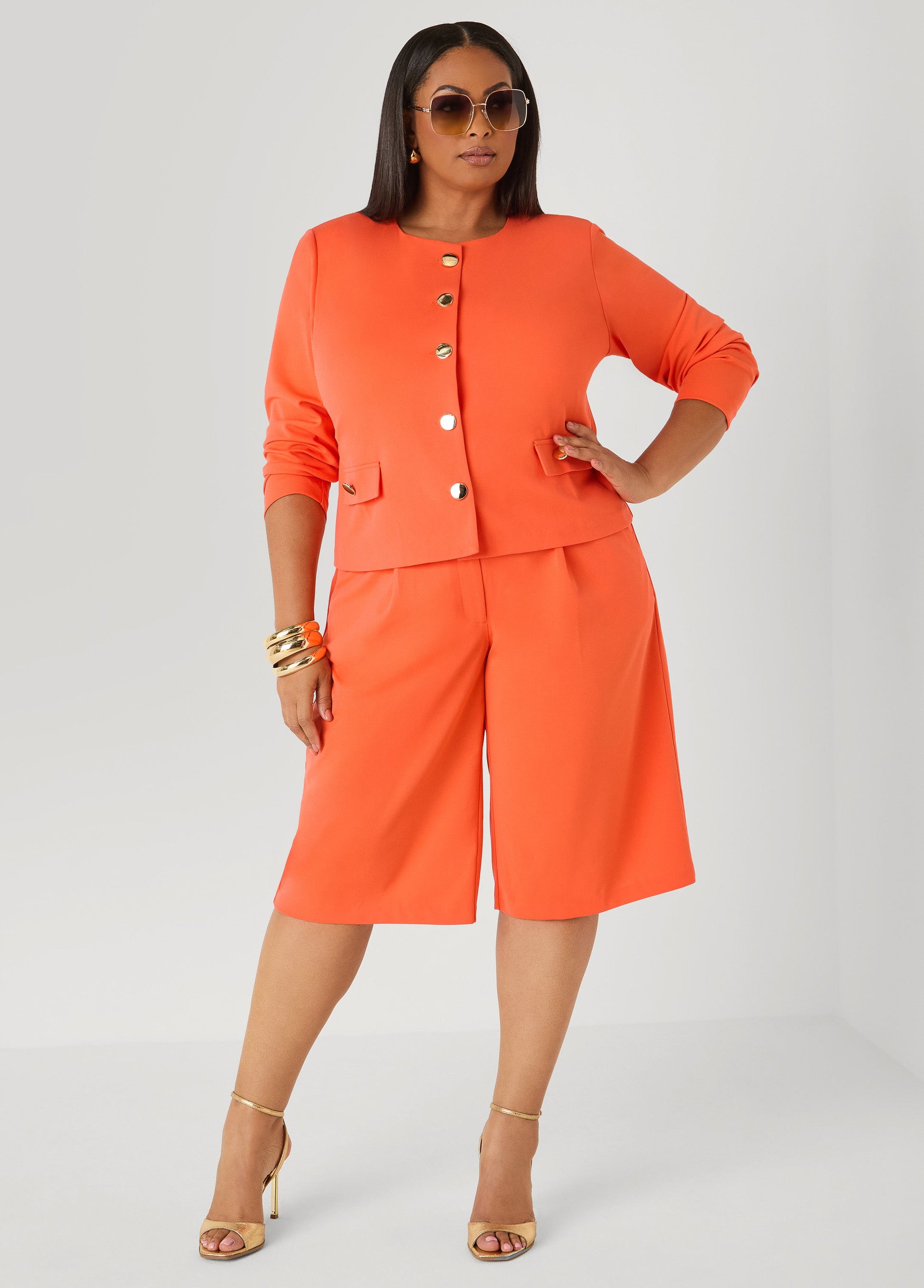 Ashley Stewart Button Detailed Crepe Jacket Nasturtium