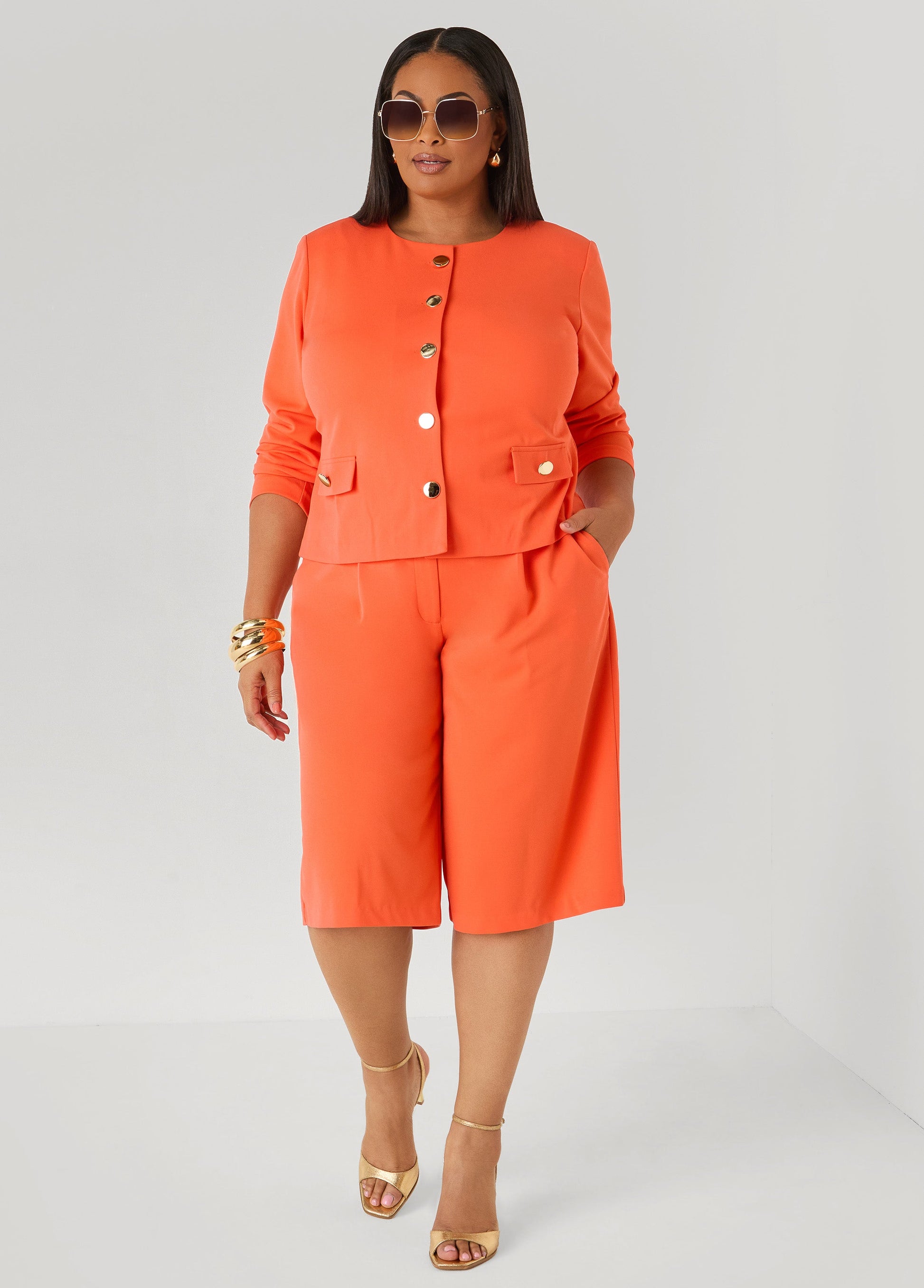 Ashley Stewart Button Detailed Crepe Jacket Nasturtium