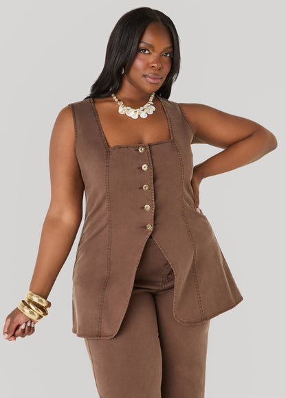Ashley Stewart Square Neck Chambray Vest Brown