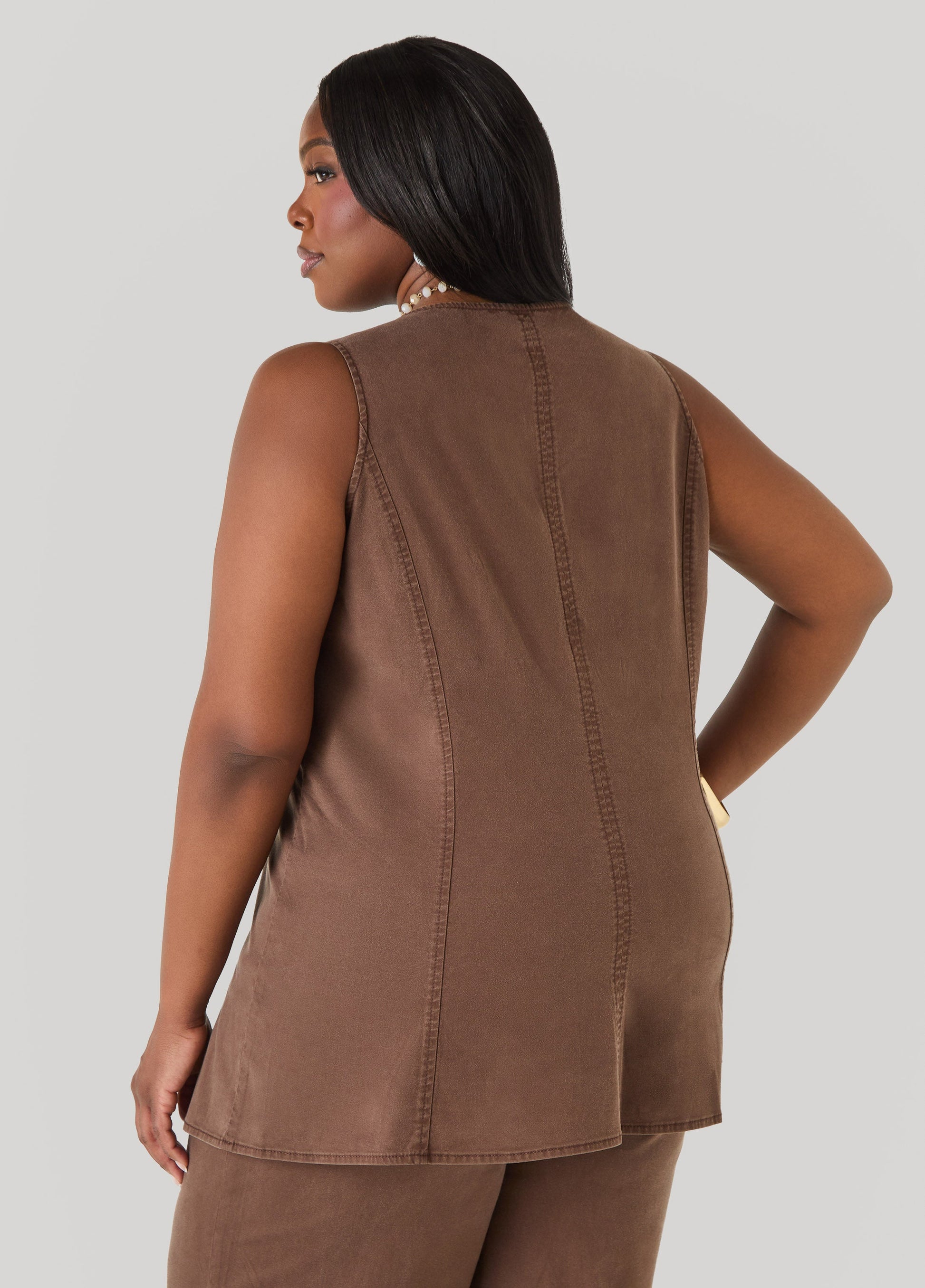 Ashley Stewart Square Neck Chambray Vest Brown