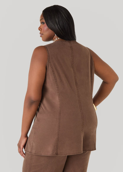 Ashley Stewart Square Neck Chambray Vest Brown