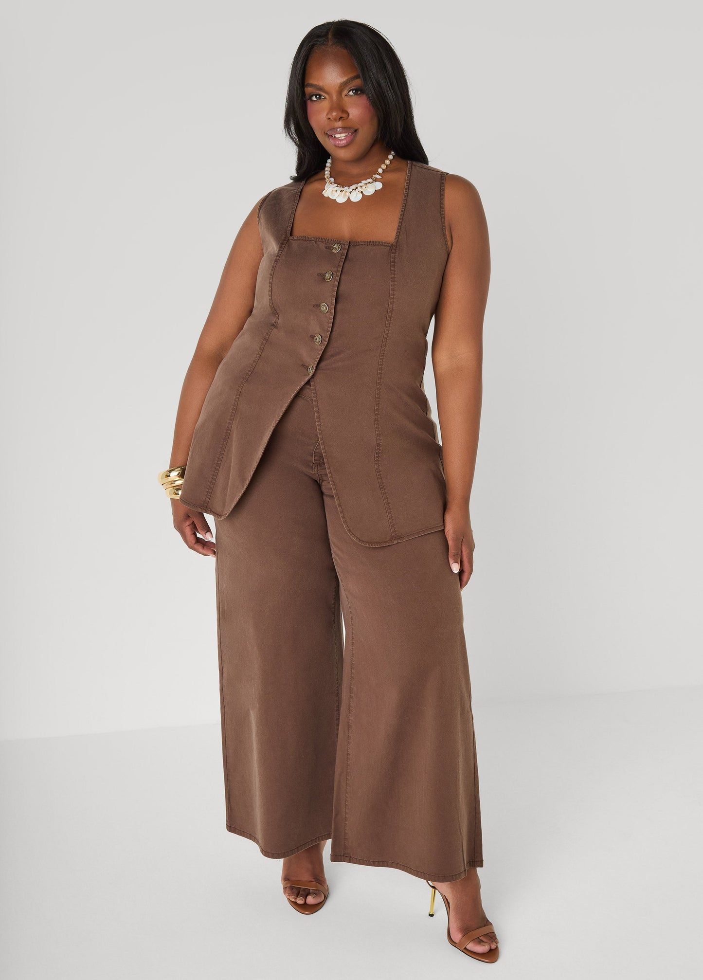 Ashley Stewart Square Neck Chambray Vest Brown
