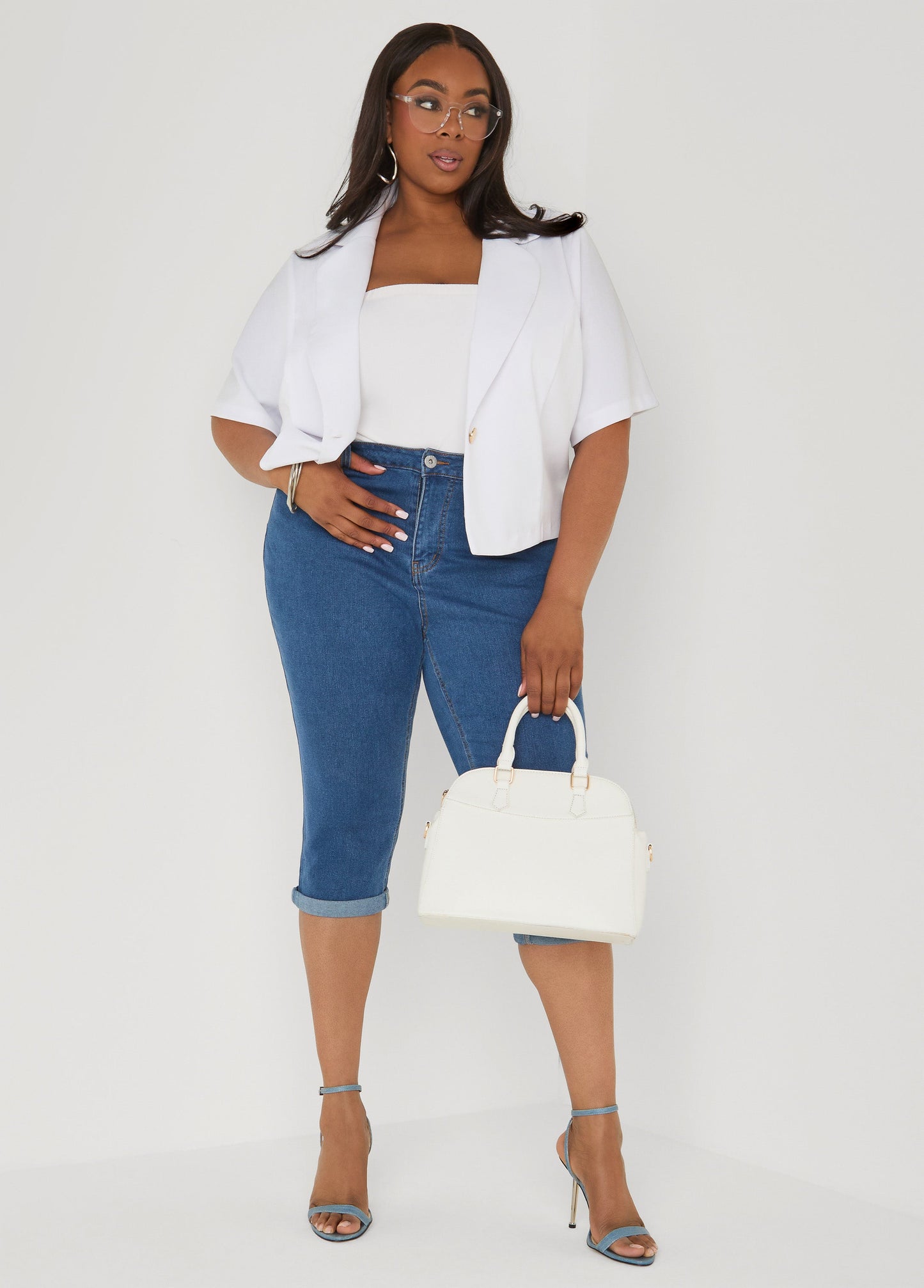 Ashley Stewart Cropped Stretch Crepe Blazer White