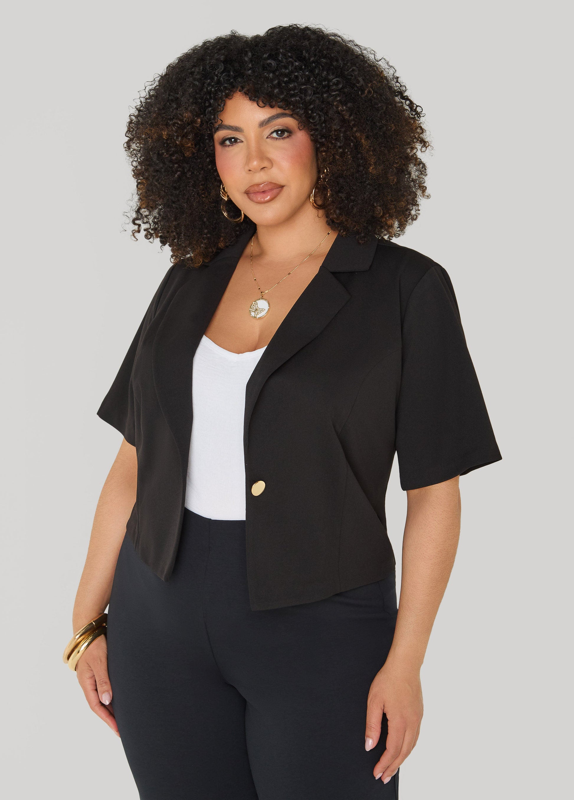 Ashley Stewart Cropped Stretch Crepe Blazer White