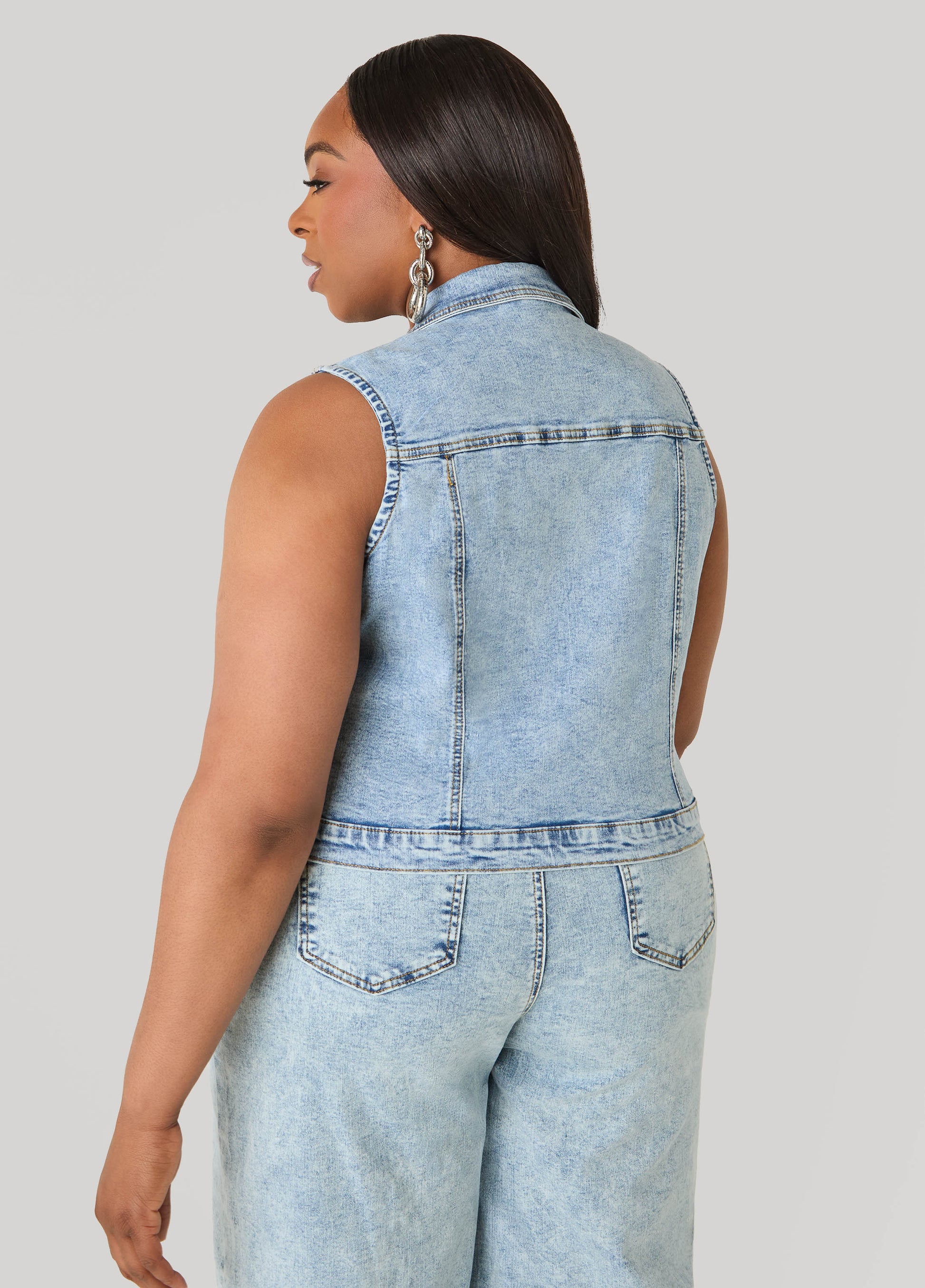 Ashley Stewart Tie Front Acid Wash Denim Vest Acid