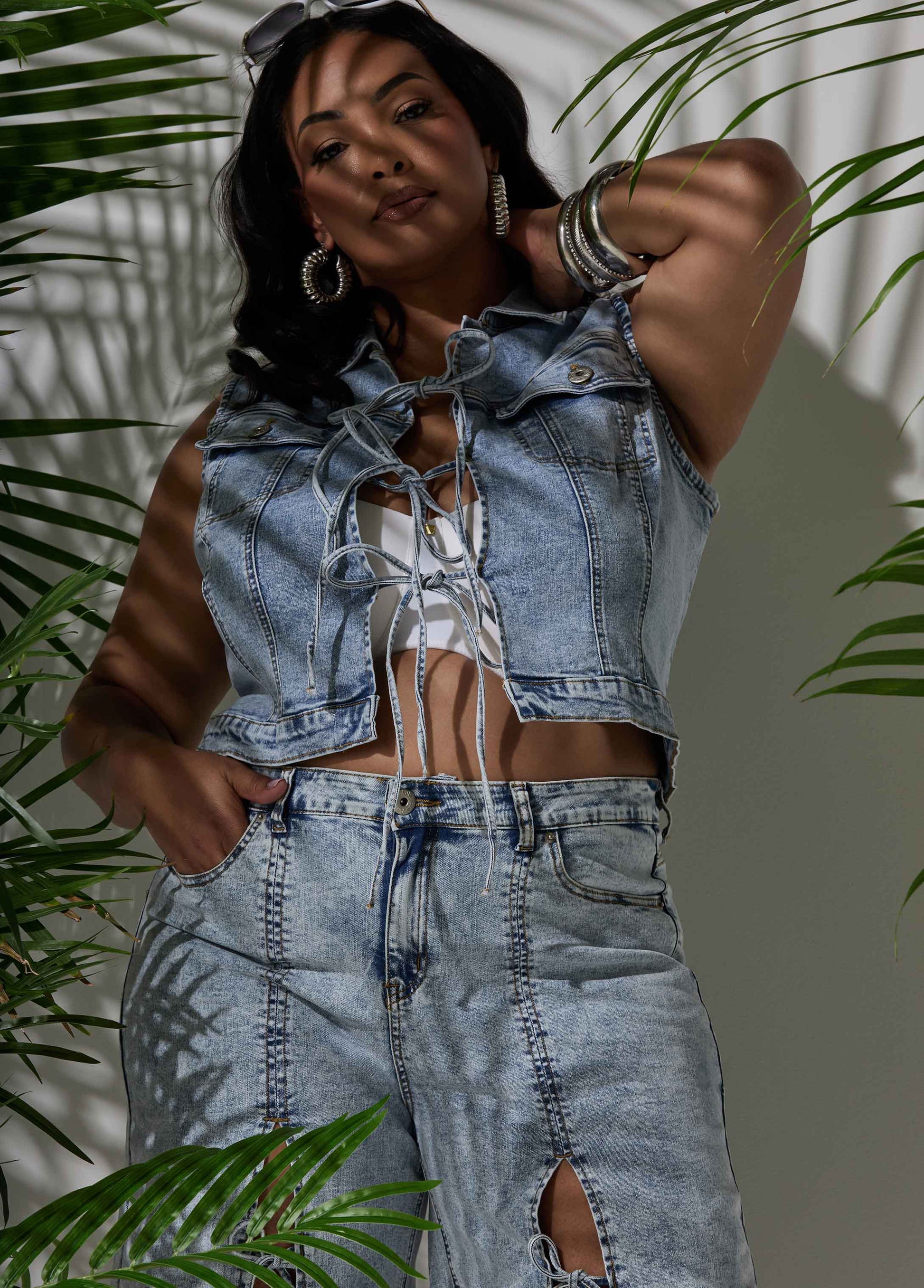 Ashley Stewart Tie Front Acid Wash Denim Vest Acid