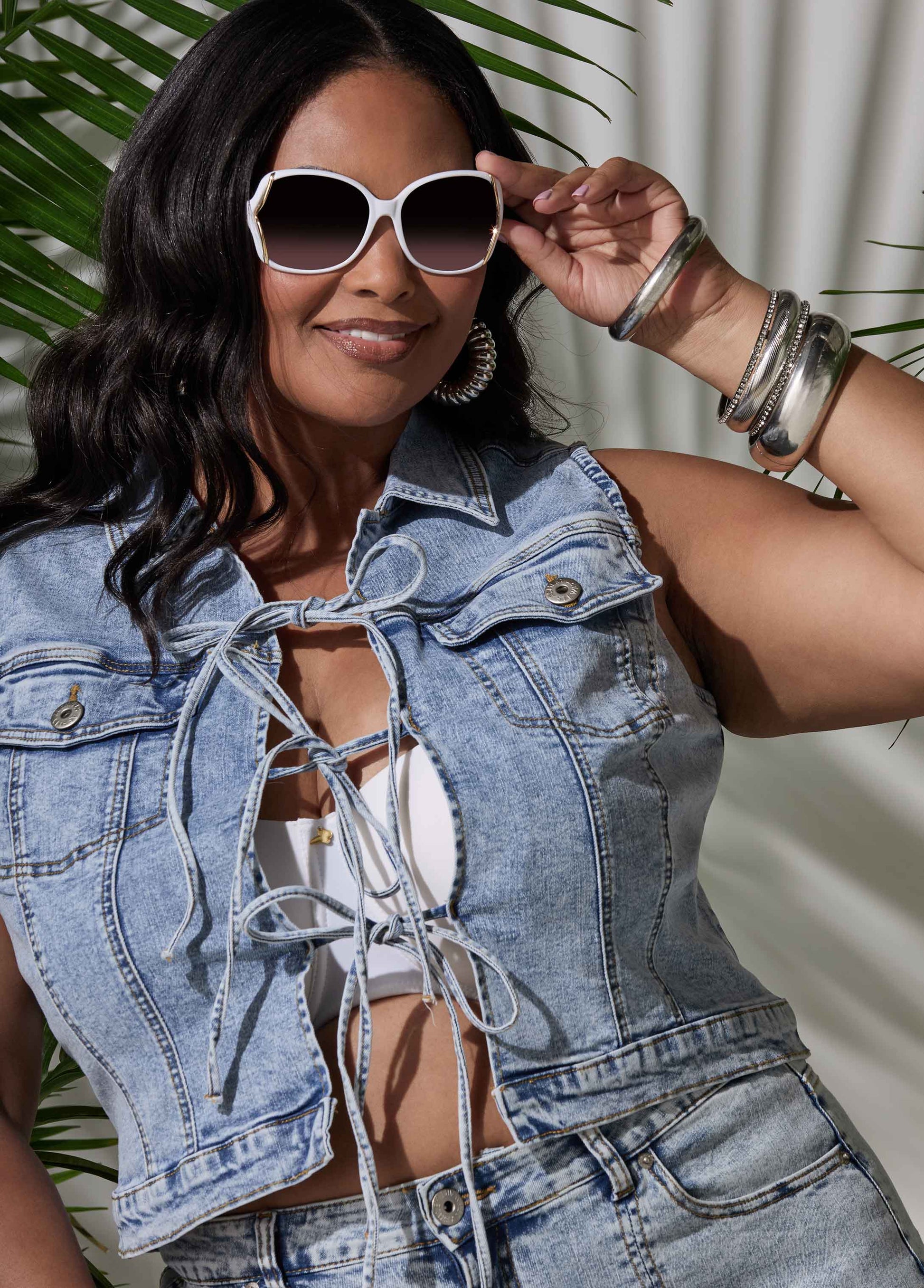 Ashley Stewart Tie Front Acid Wash Denim Vest Acid