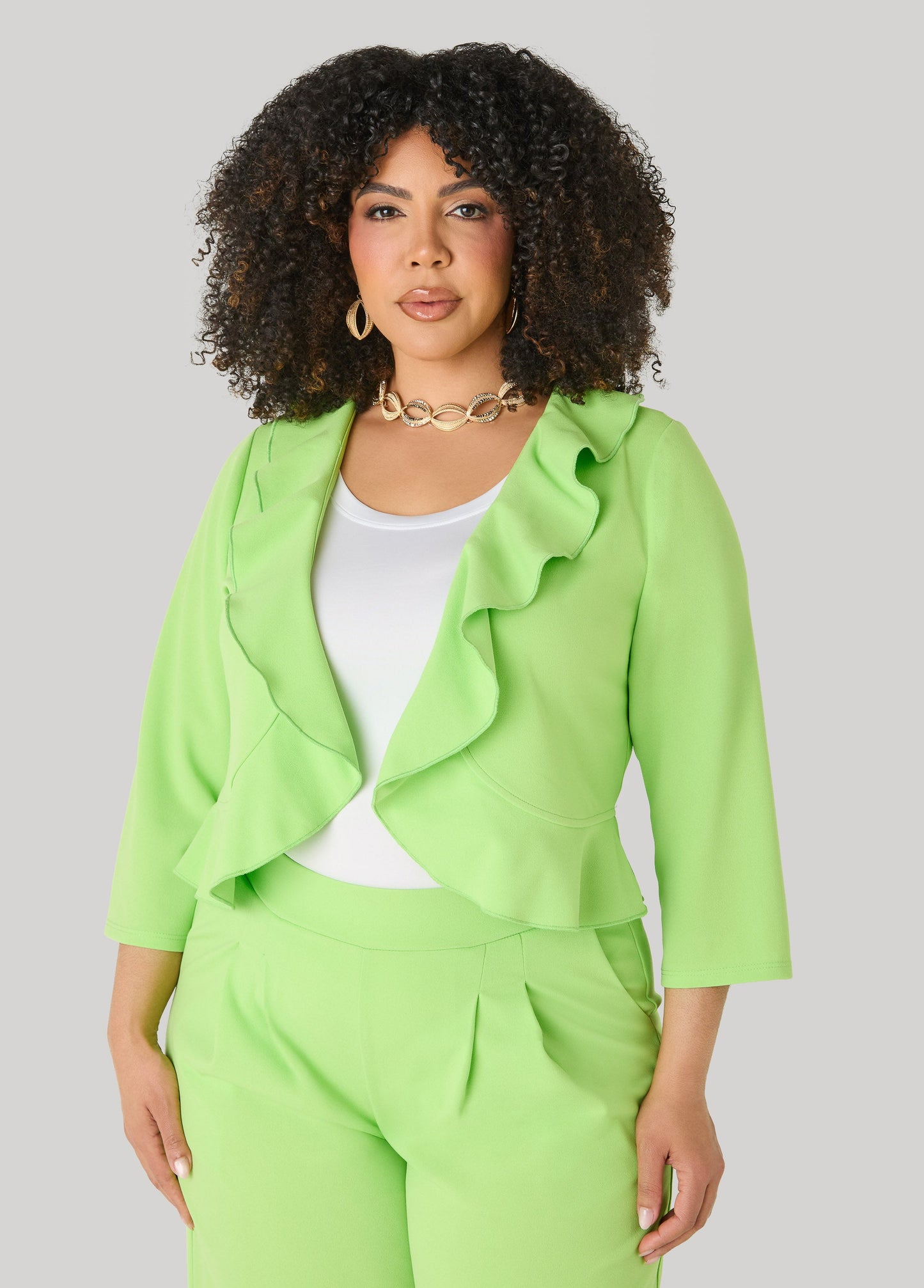 Ashley Stewart Open Front Ruffled Jacket Lime Green