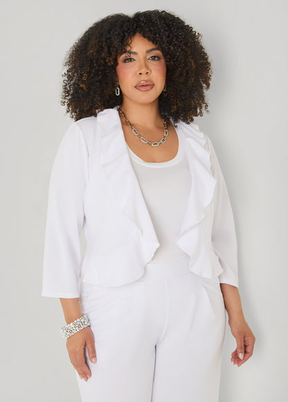 Ashley Stewart Ruffled Open Front Jacket White