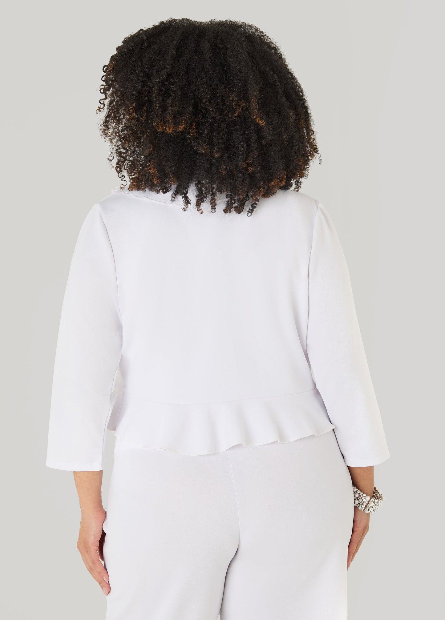 Ashley Stewart Ruffled Open Front Jacket White