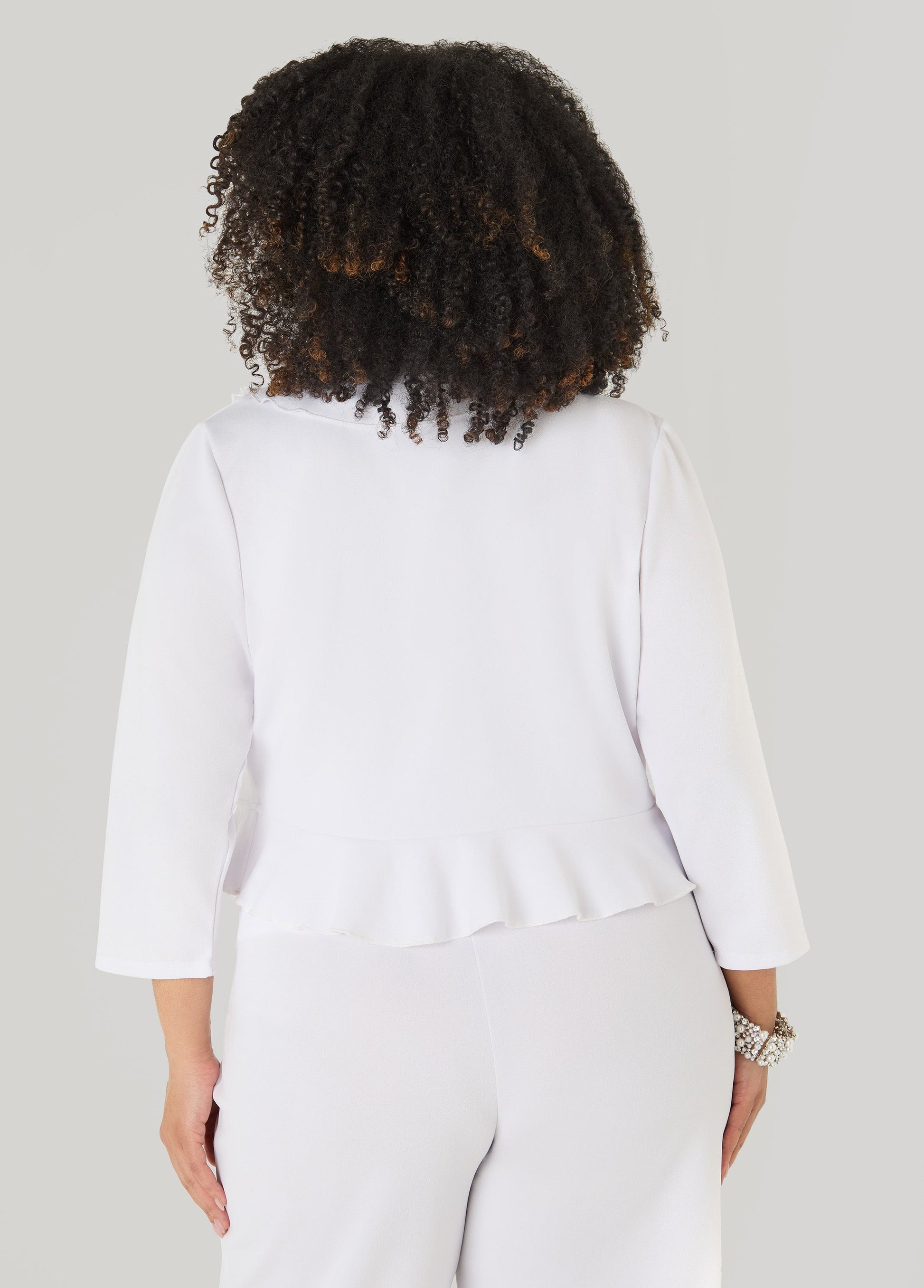Ashley Stewart Ruffled Open Front Jacket White