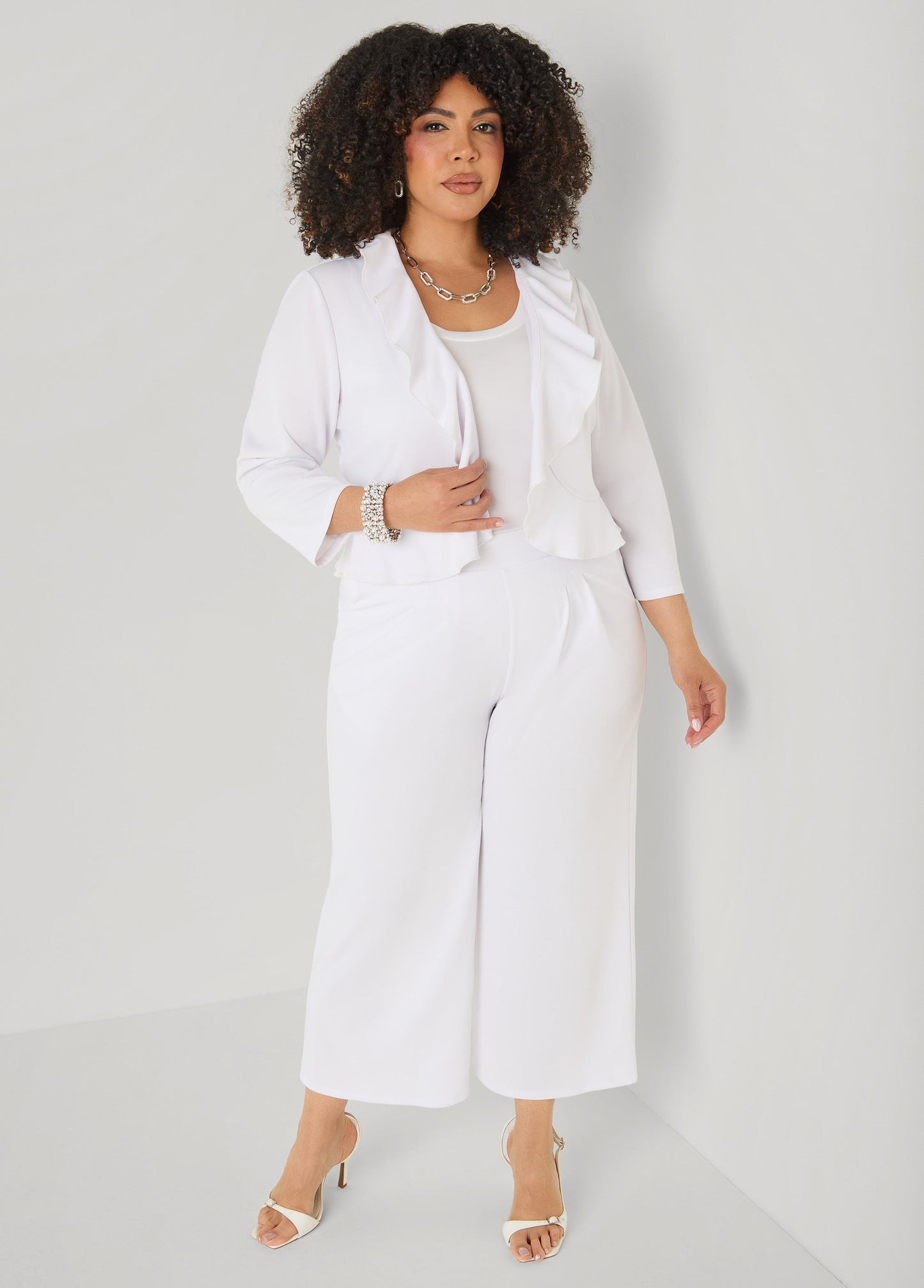 Ashley Stewart Ruffled Open Front Jacket White