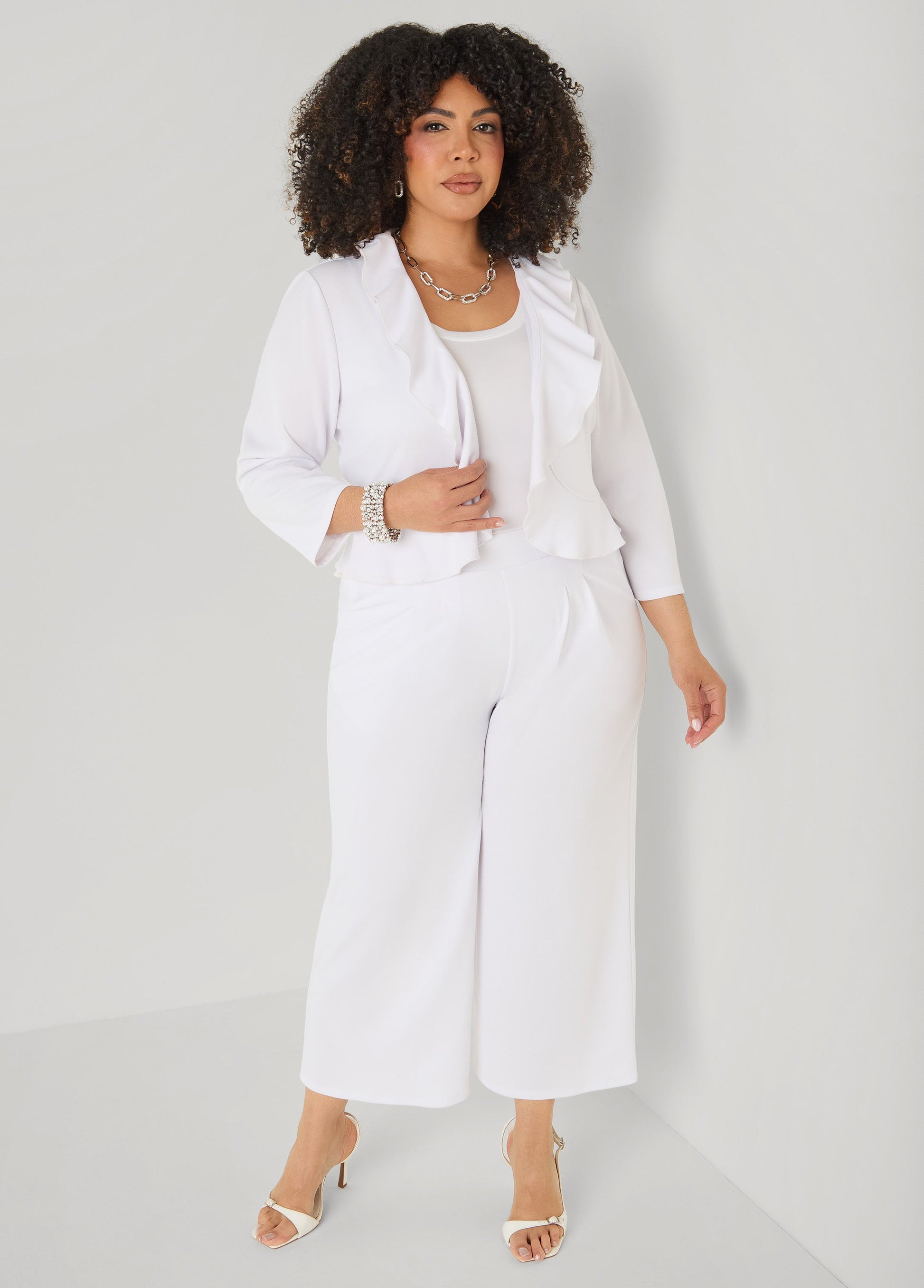 Ashley Stewart Ruffled Open Front Jacket White