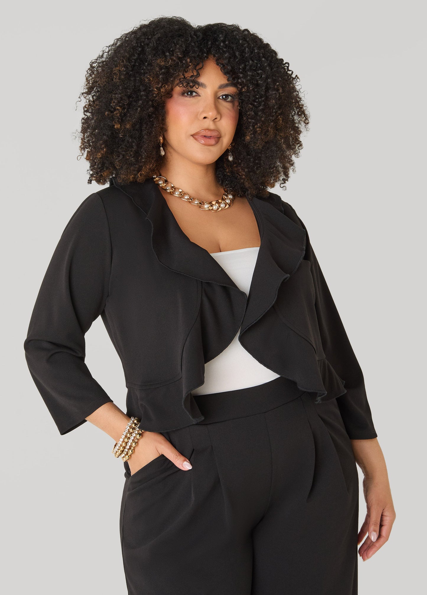 Ashley Stewart Ruffled Open Front Jacket White