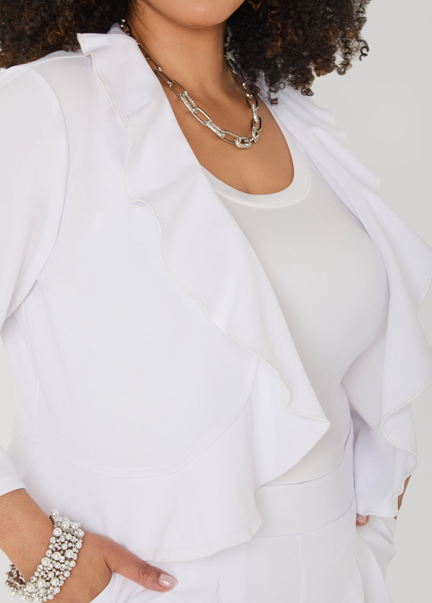 Ashley Stewart Ruffled Open Front Jacket White