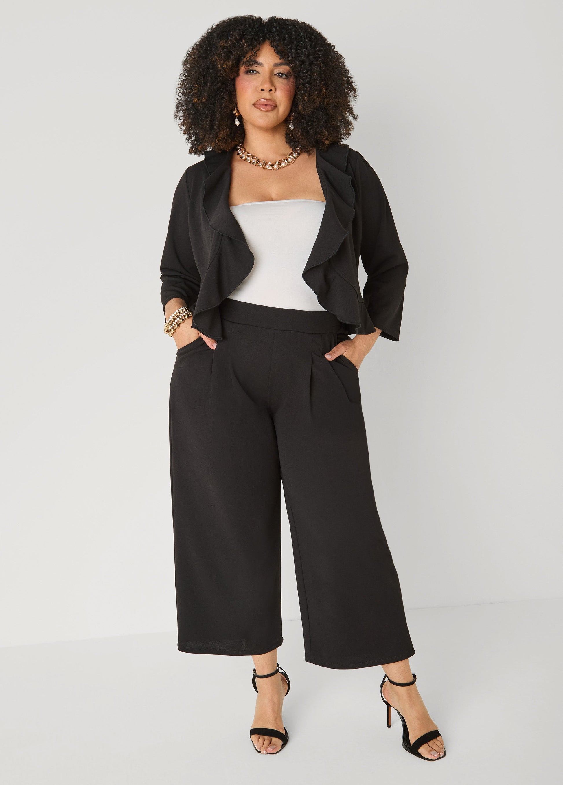 Ashley Stewart Ruffled Open Front Jacket White