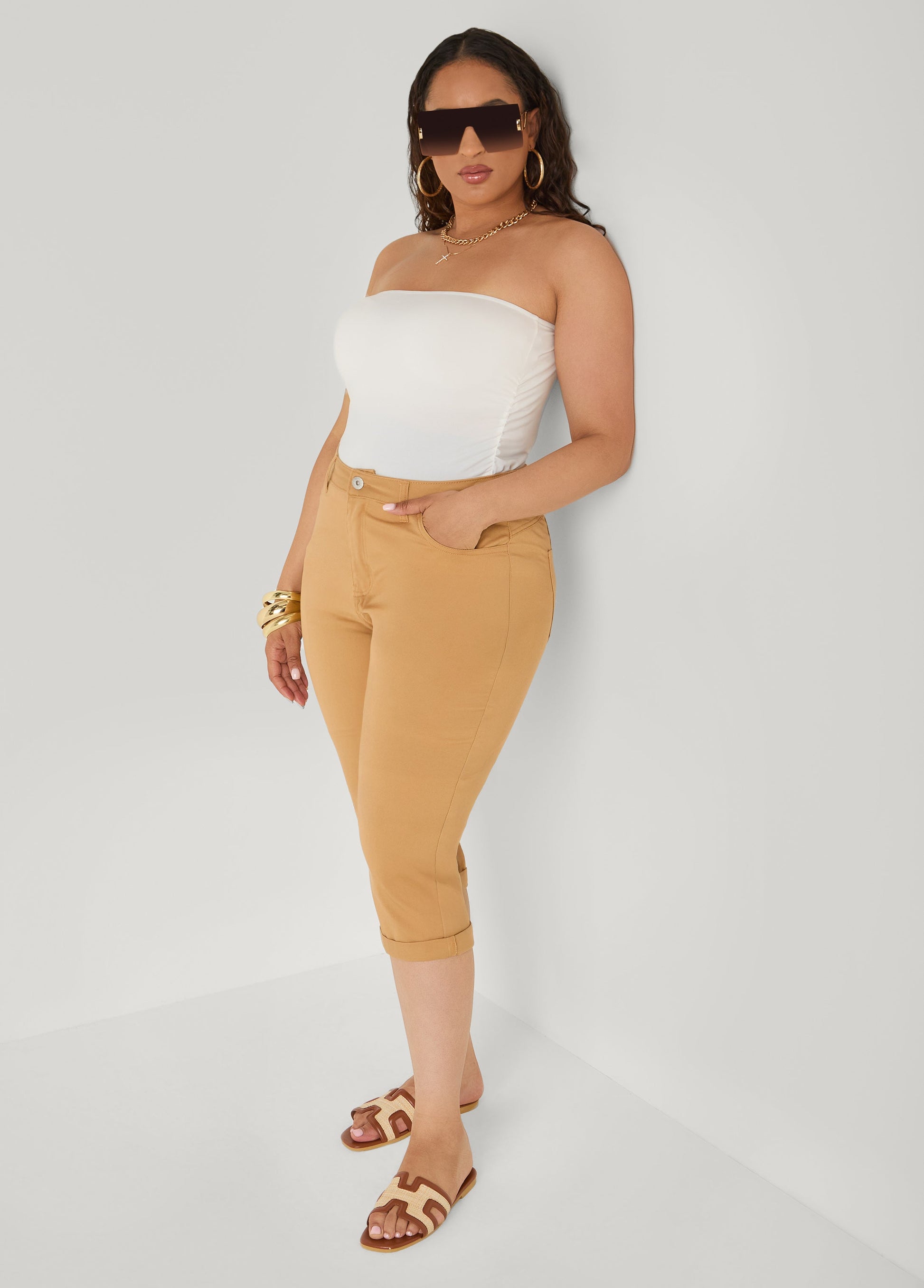 Ashley Stewart Cuffed Denim Capris Iced Coffee