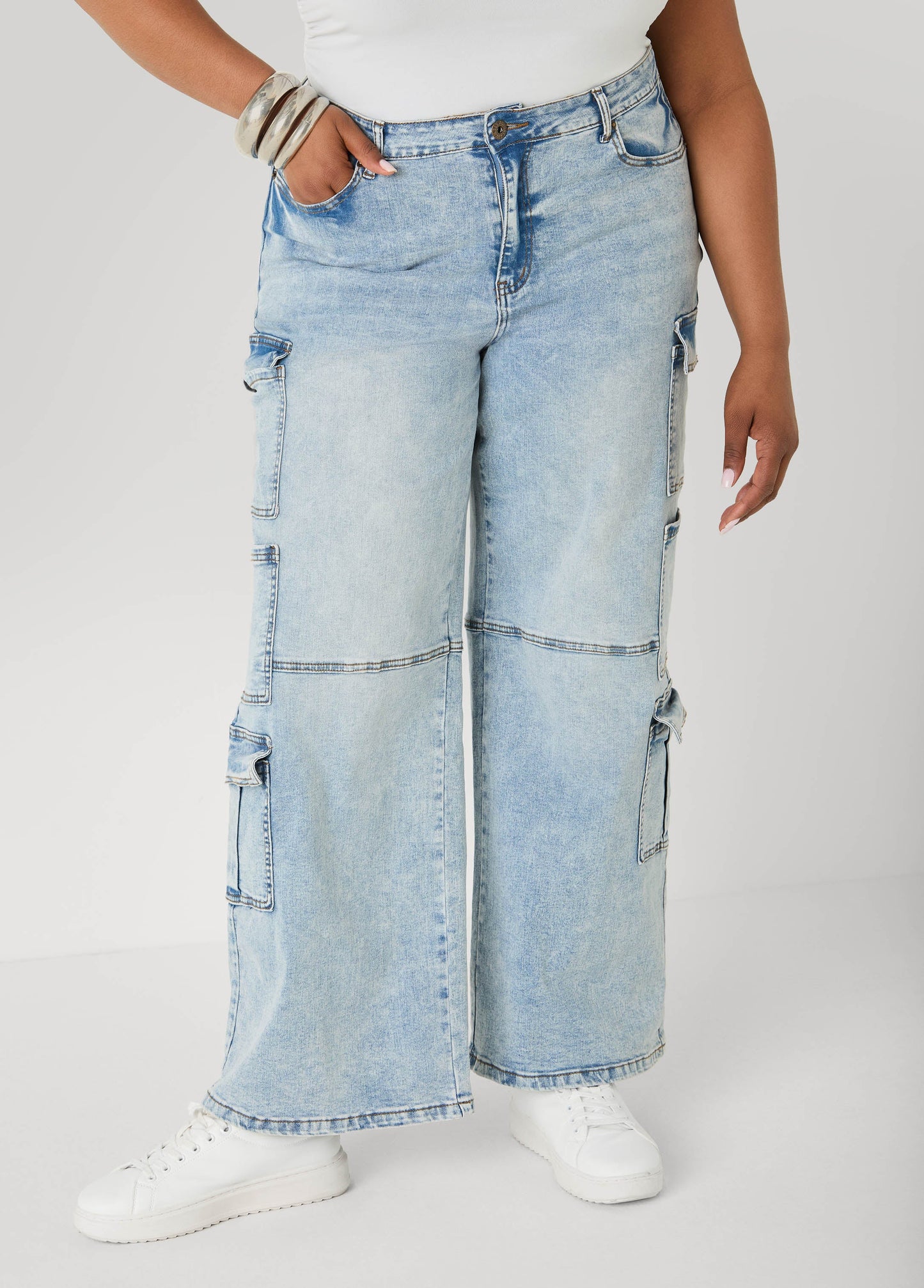 Ashley Stewart Acid Wash Cargo Jeans Medium Blue