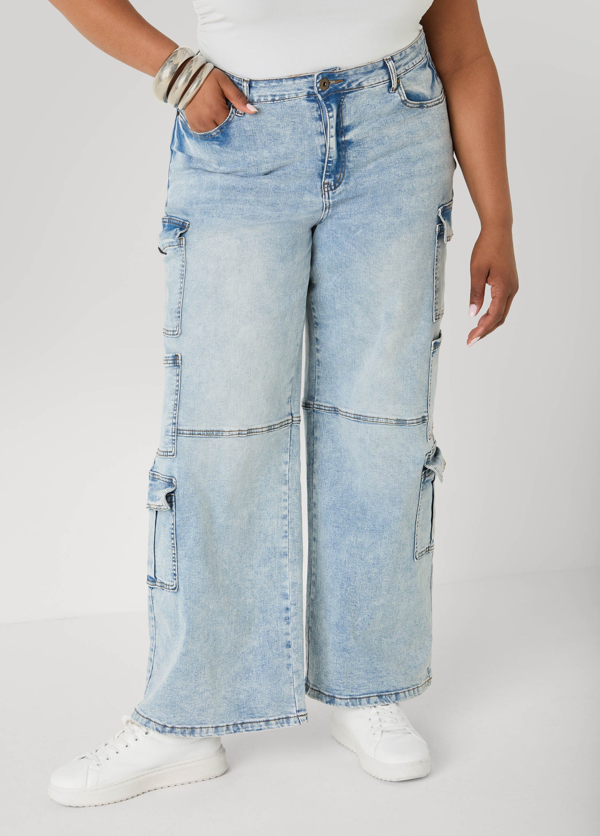Ashley Stewart Acid Wash Cargo Jeans Medium Blue