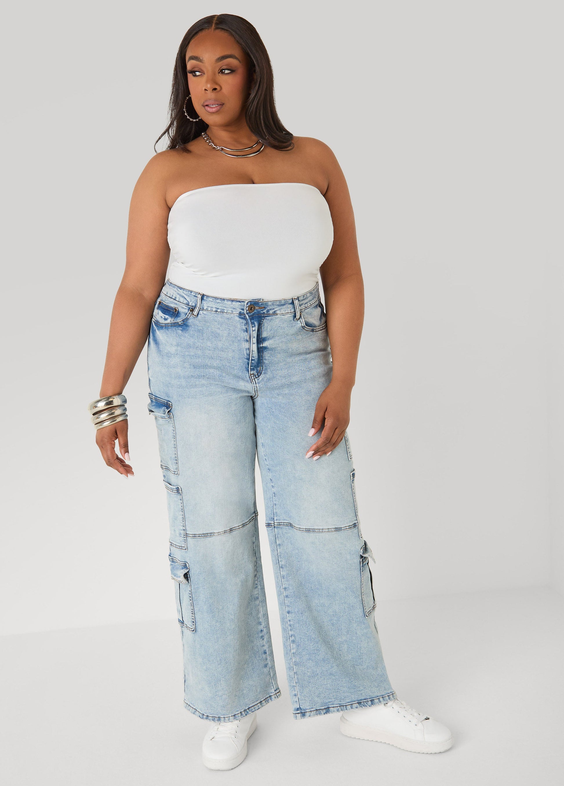 Ashley Stewart Acid Wash Cargo Jeans Medium Blue