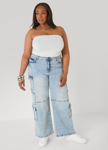 Ashley Stewart Acid Wash Cargo Jeans Medium Blue