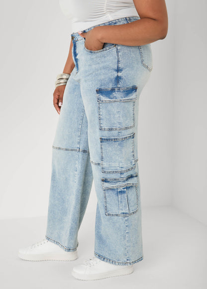 Ashley Stewart Acid Wash Cargo Jeans Medium Blue