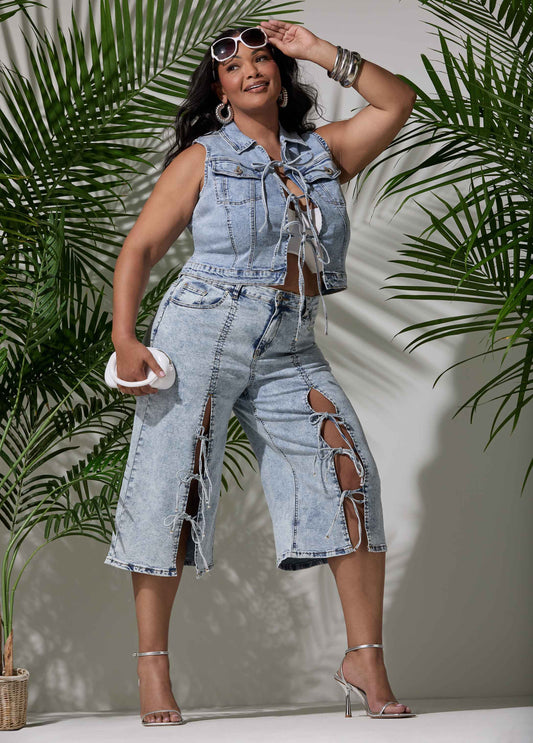 Ashley Stewart Tie Front Acid Wash Denim Capris Acid