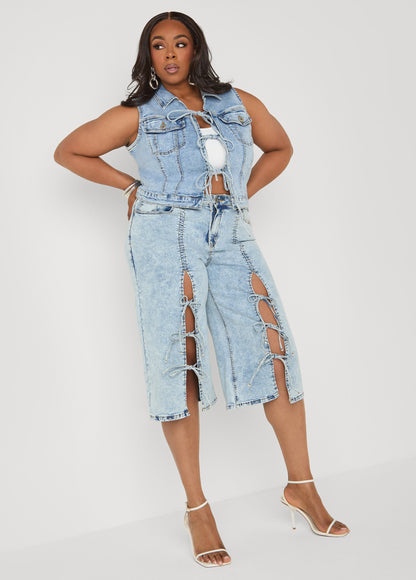 Ashley Stewart Tie Front Acid Wash Denim Capris Acid