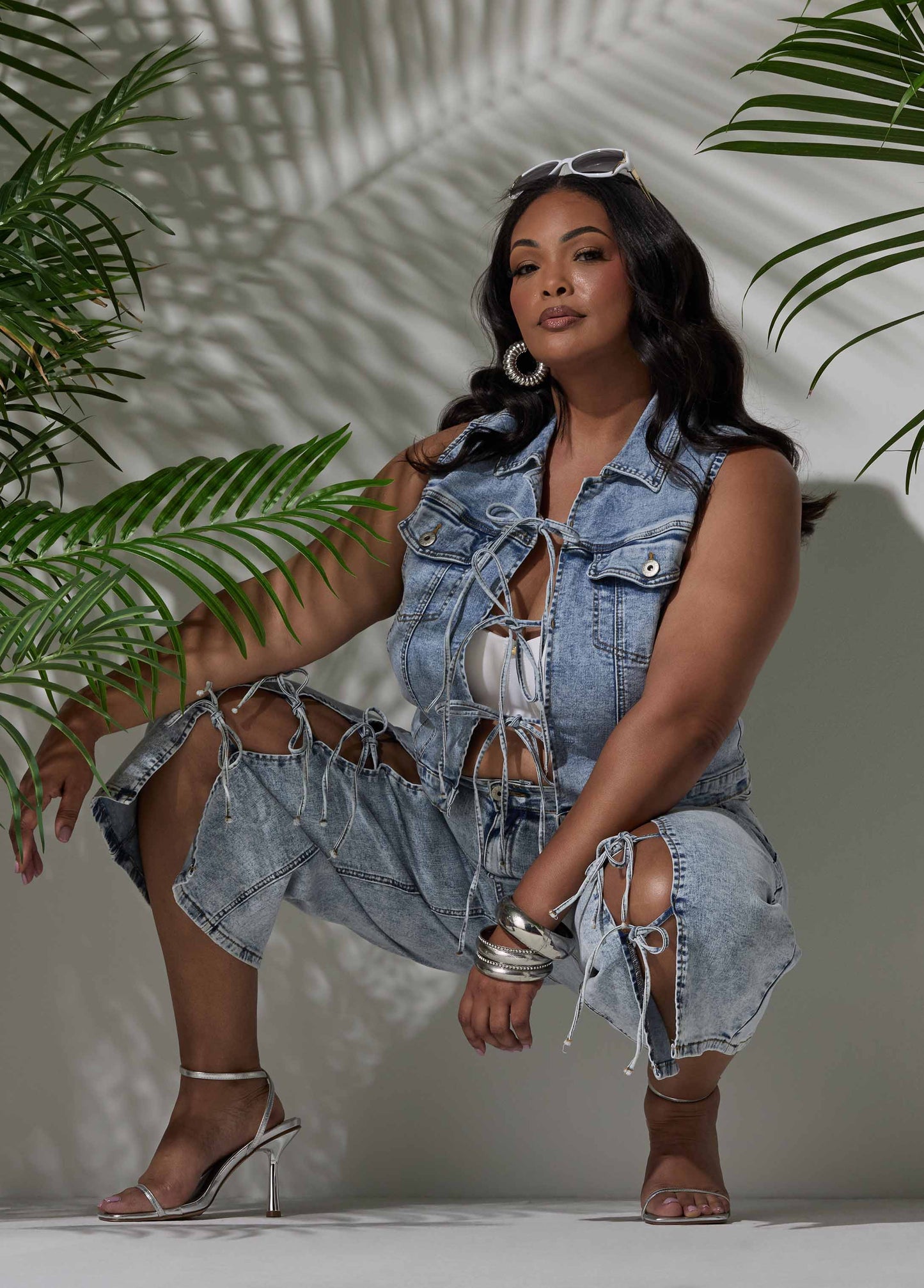 Ashley Stewart Tie Front Acid Wash Denim Capris Acid