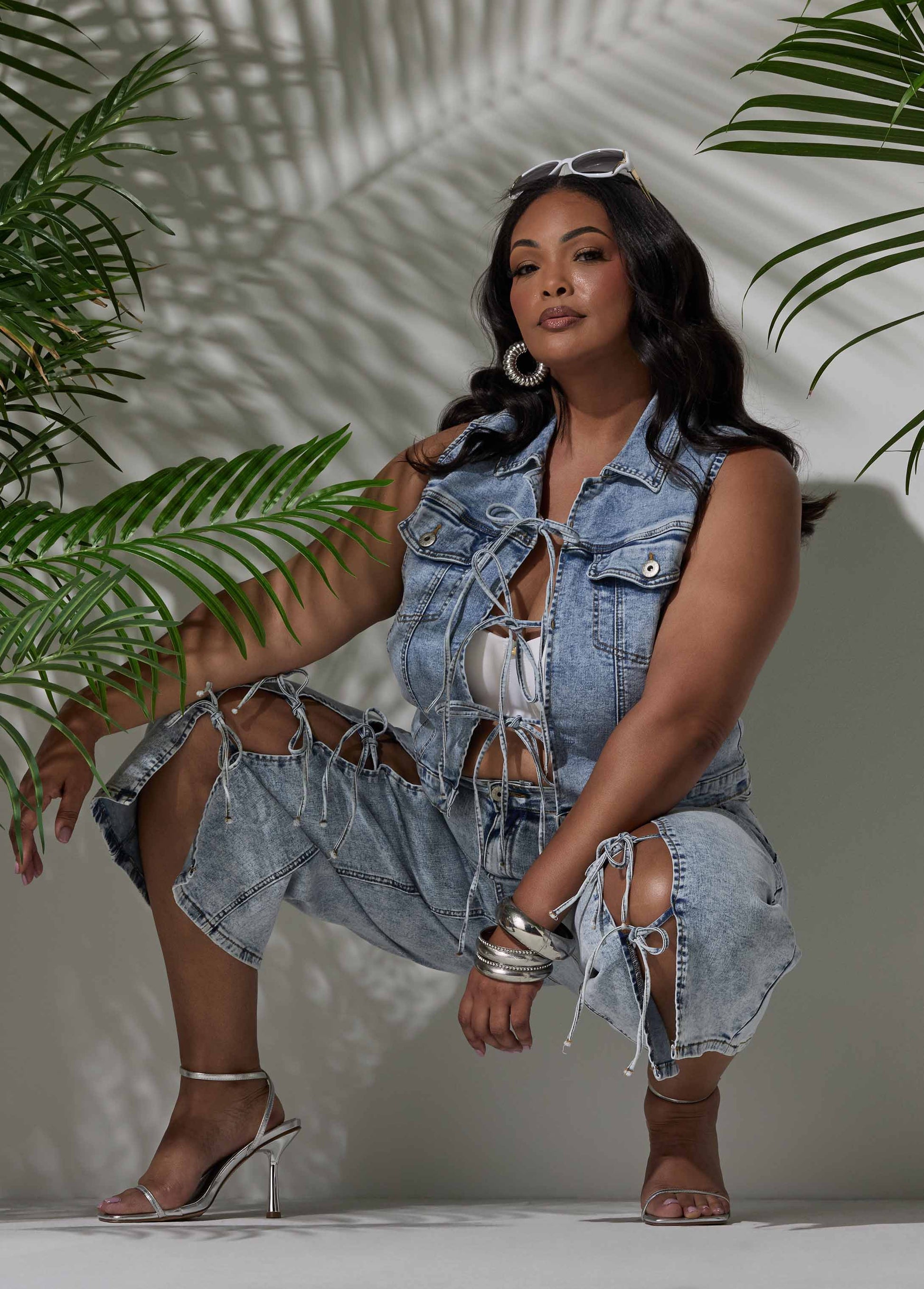 Ashley Stewart Tie Front Acid Wash Denim Capris Acid