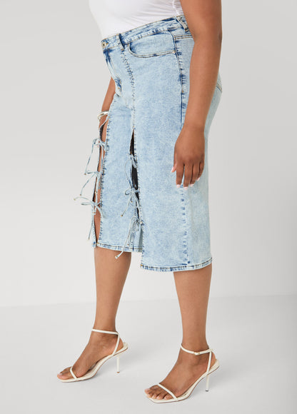 Ashley Stewart Tie Front Acid Wash Denim Capris Acid
