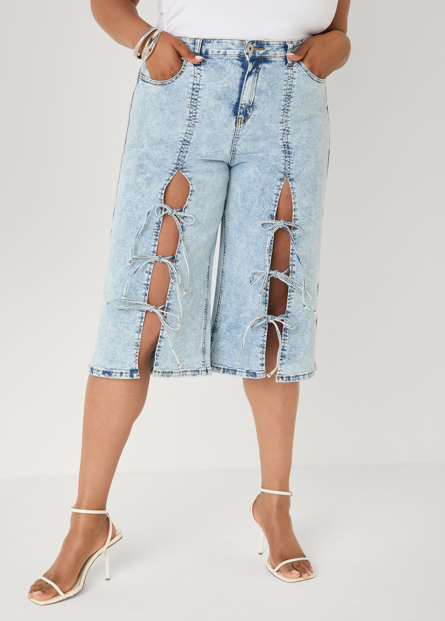 Ashley Stewart Tie Front Acid Wash Denim Capris Acid