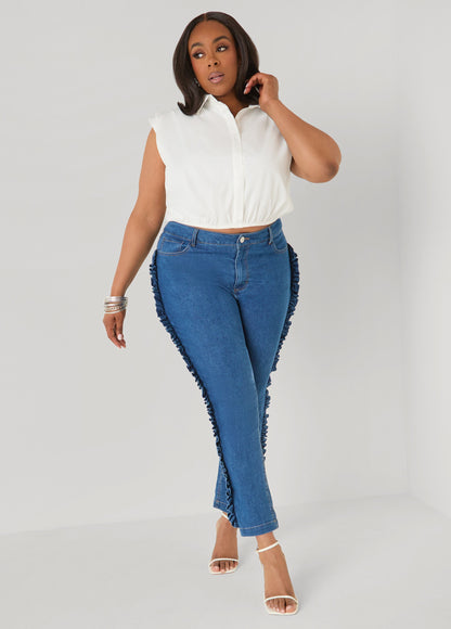Ashley Stewart Ruffled Skinny Jeans Medium Blue