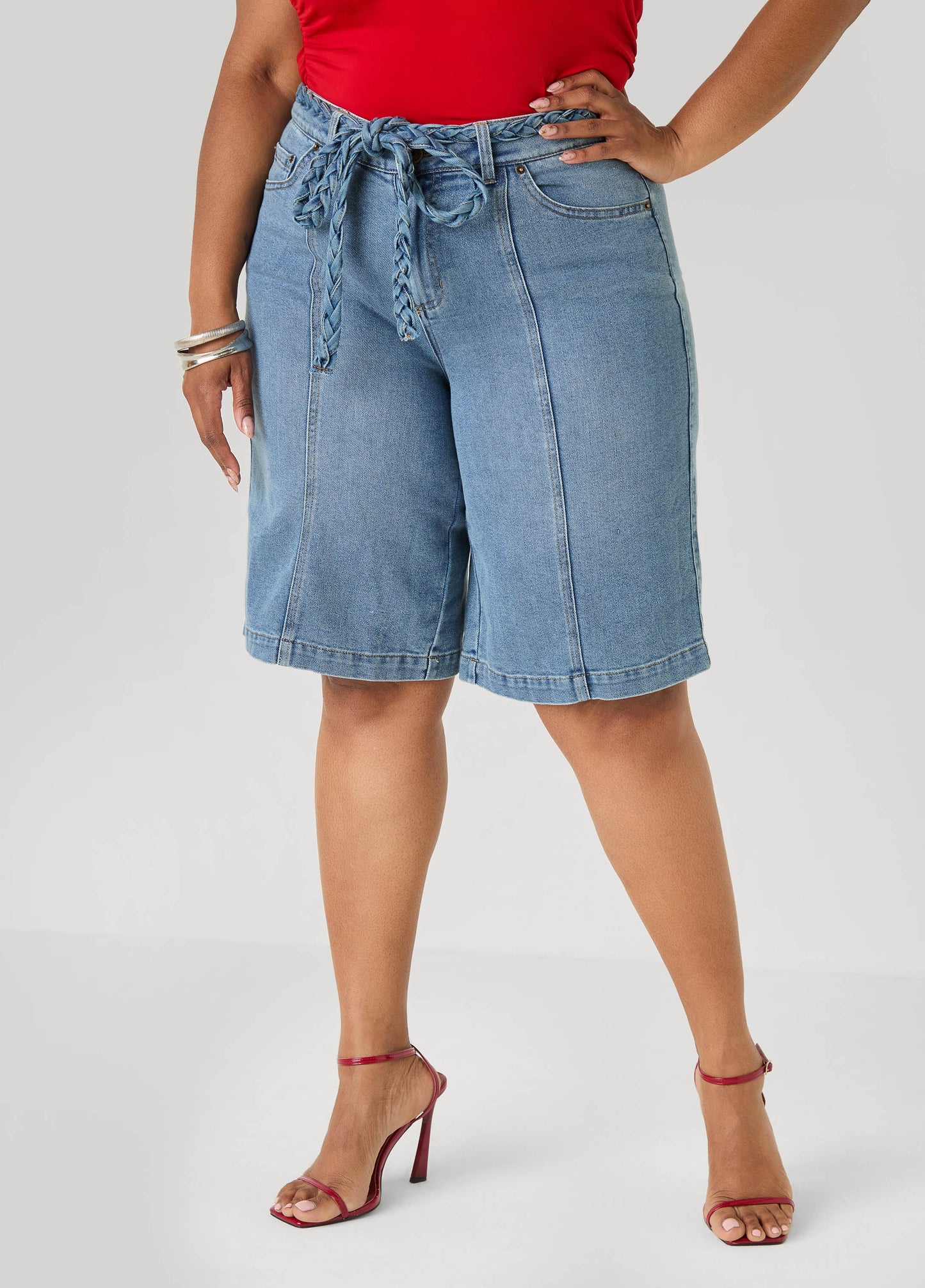 Ashley Stewart Braided Belt Bermuda Shorts Denim Blue